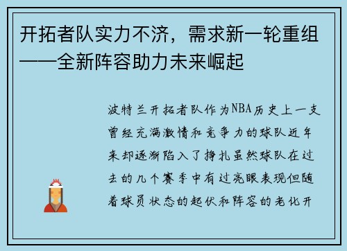 开拓者队实力不济，需求新一轮重组——全新阵容助力未来崛起